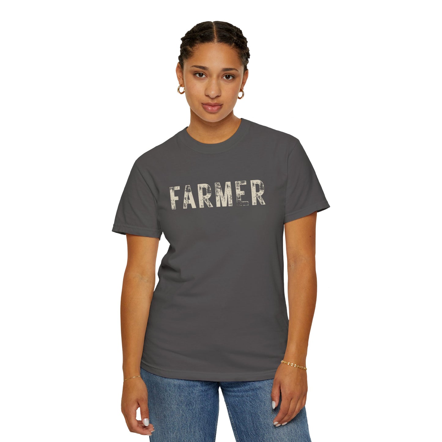 Distressed Farmer Tee (cream text)