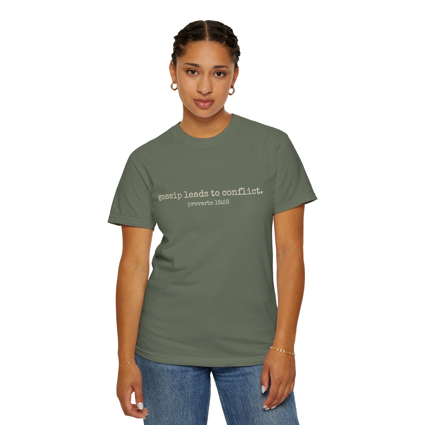 Gossip Leads to Conflict (Proverbs 16:28) Tee (cream text)