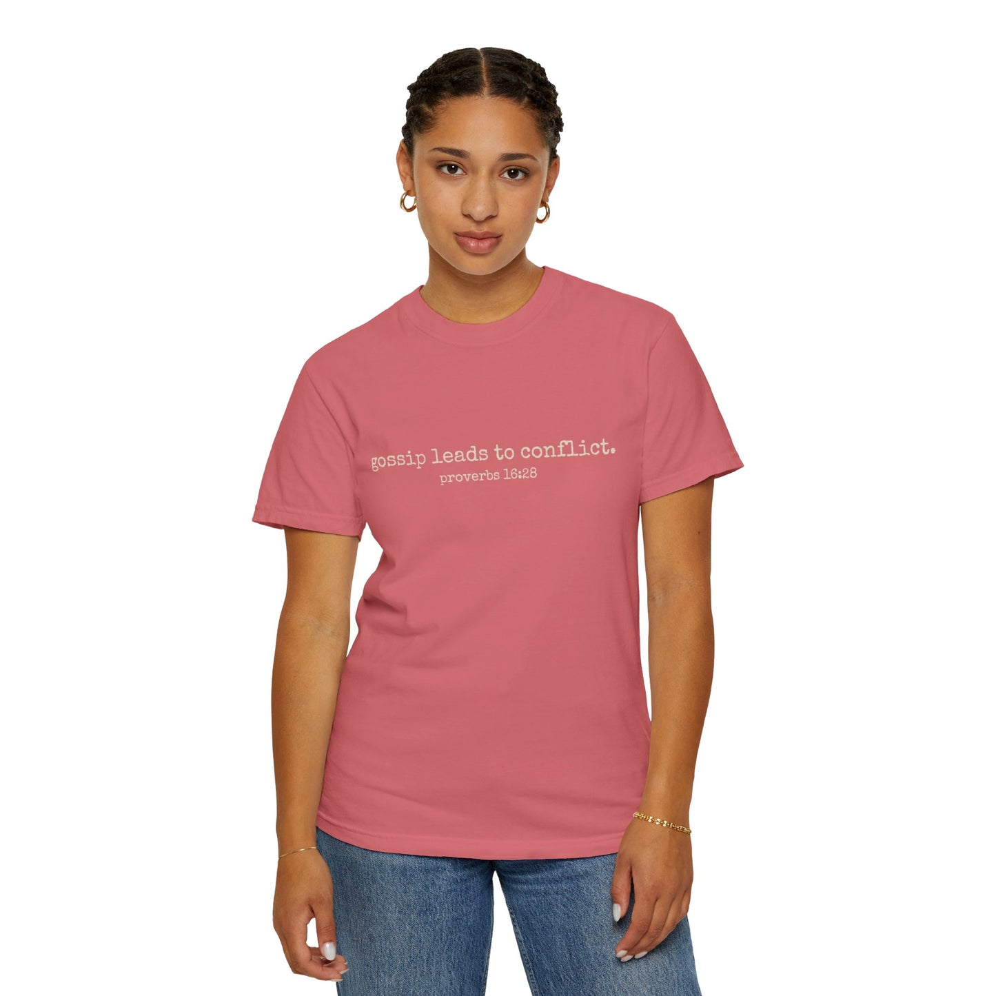 Gossip Leads to Conflict (Proverbs 16:28) Tee (cream text)